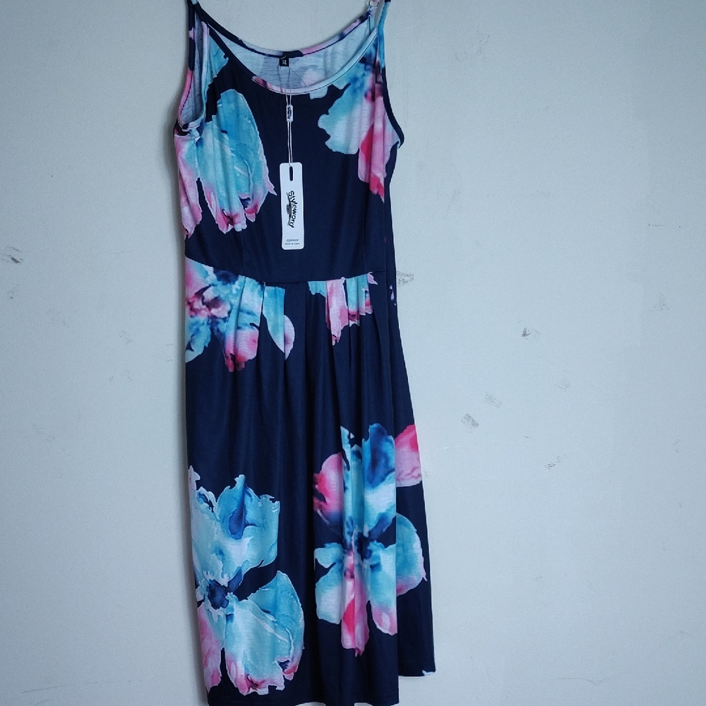 Blue and Pink Pleated Spaghetti Strap Sundress